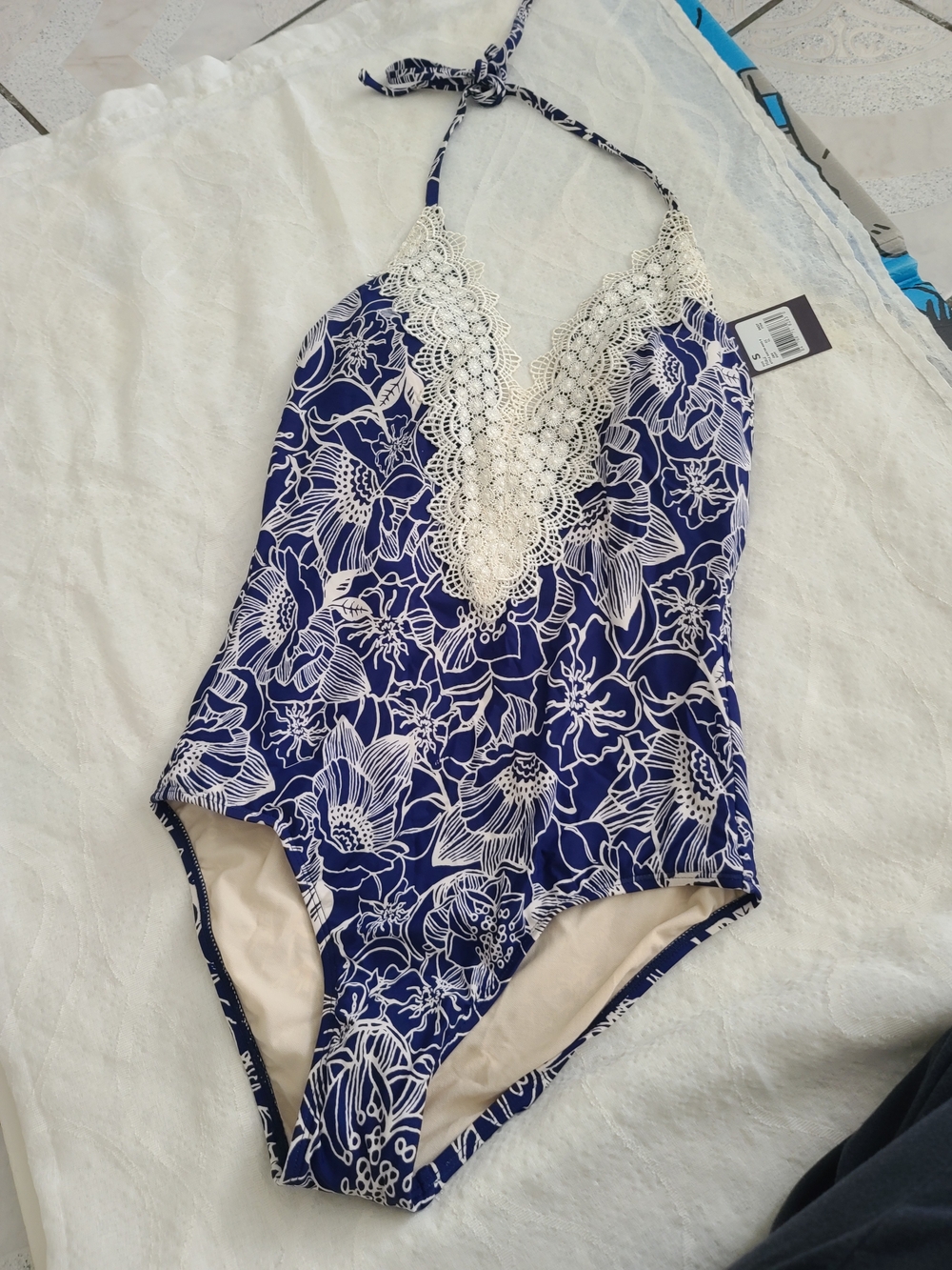 Navy Floral Lace-Trim Halter One-Piece Swim Bodysuit